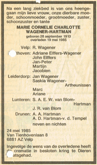 Overlijdensbericht M.C.C. Wagener-Hartman (1985)